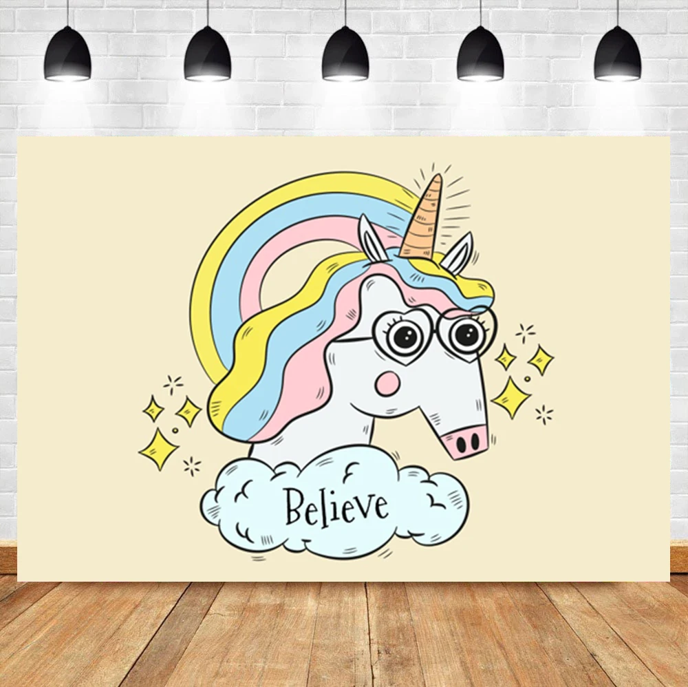 Laeacco Cartoon Unicorn Rainbow Baby Birthday Room Decoration Yellow Backdrop Photographic Photo Background For Photo Studio