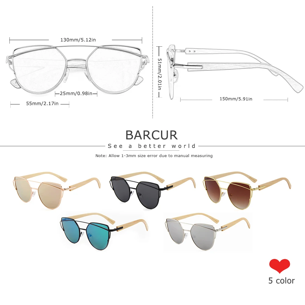 BARCUR Bambus Cat Eye Sonnenbrille Polarisierte Metall Rahmen Holz Gläser Dame Luxus Mode Sonne Shades Mit Box Freies