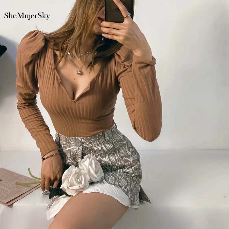 SheMujerSky Sexy Deep V-neck Bodysuit Women Puff Sleeve Knitted Elastic Slim Jumpsuit 2021 Long Sleeve Bodysuits