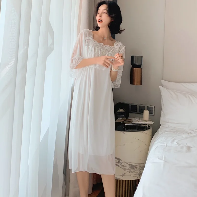 

Goddess fairy wind summer and autumn new beautiful short sleeved lovely sleepwear sexy lace princess nightgown home dress