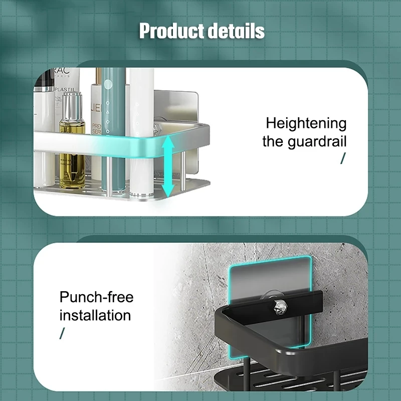 Soporte de champú para baño, estante de ducha sin perforaciones, estantes de esquina, organizador de almacenamiento de cocina, juego de accesorios