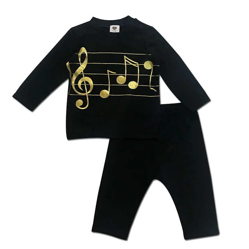 2pcs set baby clothes long t shirt and pants children casual glod music round neck 100% cotton jersey kid clothes black baby set