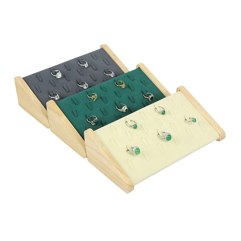 Beige Massief Houten Microfiber 22 Grids Geneigd Vliegtuig Femal Ring Sieraden Display Trays Voor Oorbel Hangende Showcase Standhouder