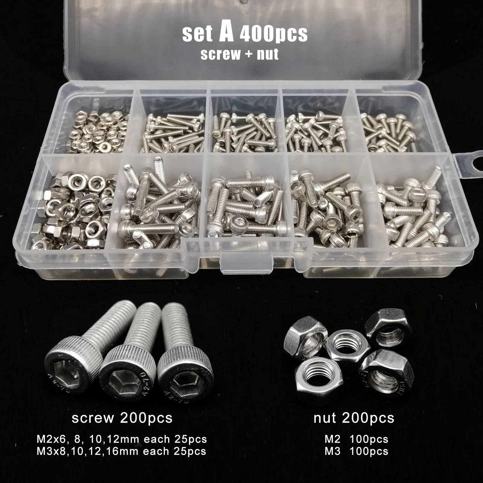 Totaal 400/650/1140/2100X M1.6 M2 M2.5 M3 M4 M5 304 roestvrij staal zeskant zeskant dop hoofd schroef bout moer set assortiment kit - afbeelding 1