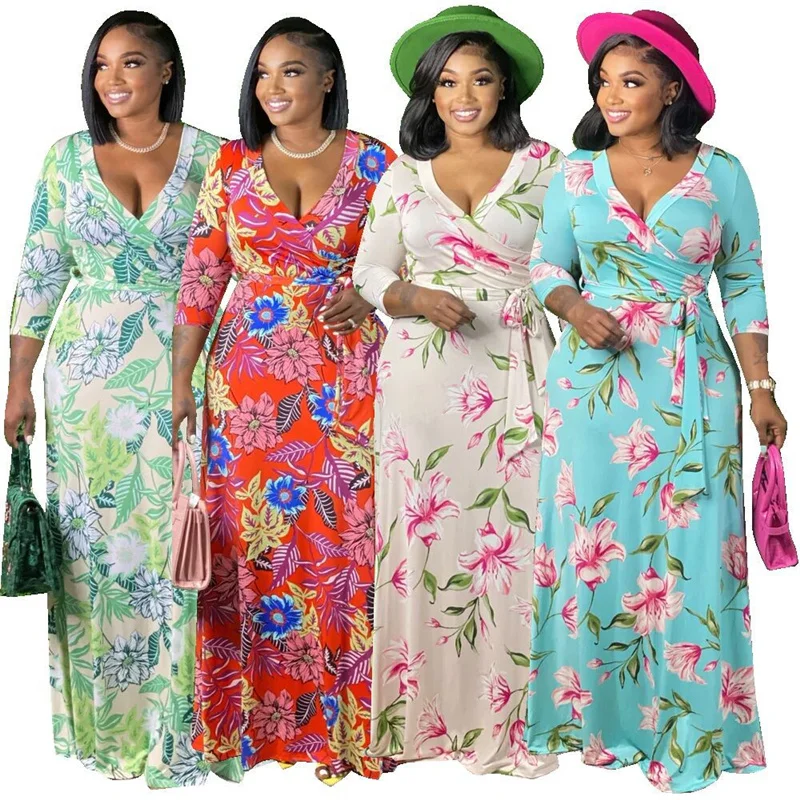 5xl Plus Size Dresses Women Clothing Elegant Fall Maxi Floral Dress with Sashes Ladies Long Sleeve Dress Dropshipping Wholesale