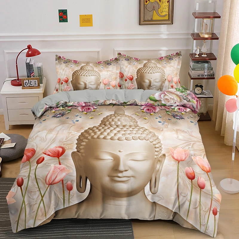 Smile Buddha King Queen Bedding Set 2/3 Pcs Duvet Cover With Zipper Closure Sing Double Twin Size Drop Shipping