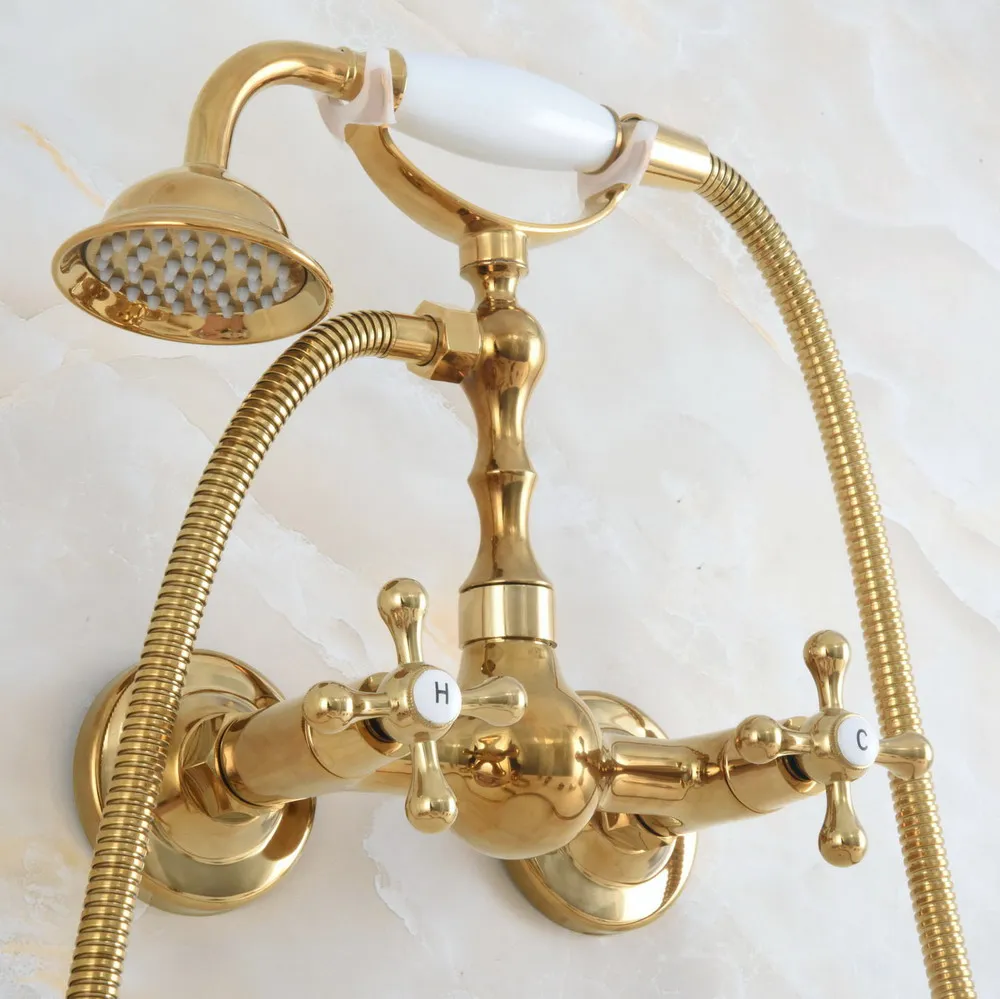 

Modern Polished Gold Color Brass Wall Mount Bathtub Faucet with Handheld Shower Set +1.5M Hose Mixer Tap 2na832