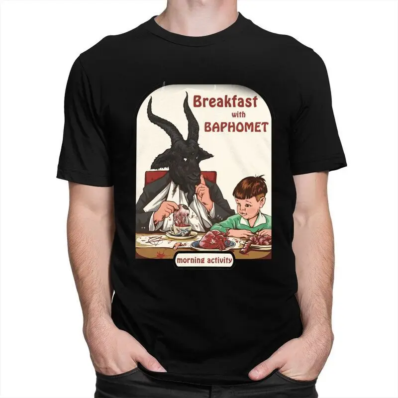 Classic Breakfast With Baphomet T Shirt Men Short Sleeve Cotton T-Shirt Leisure Devil Satan Demon Goat Tee Top Streetwear Tshirt