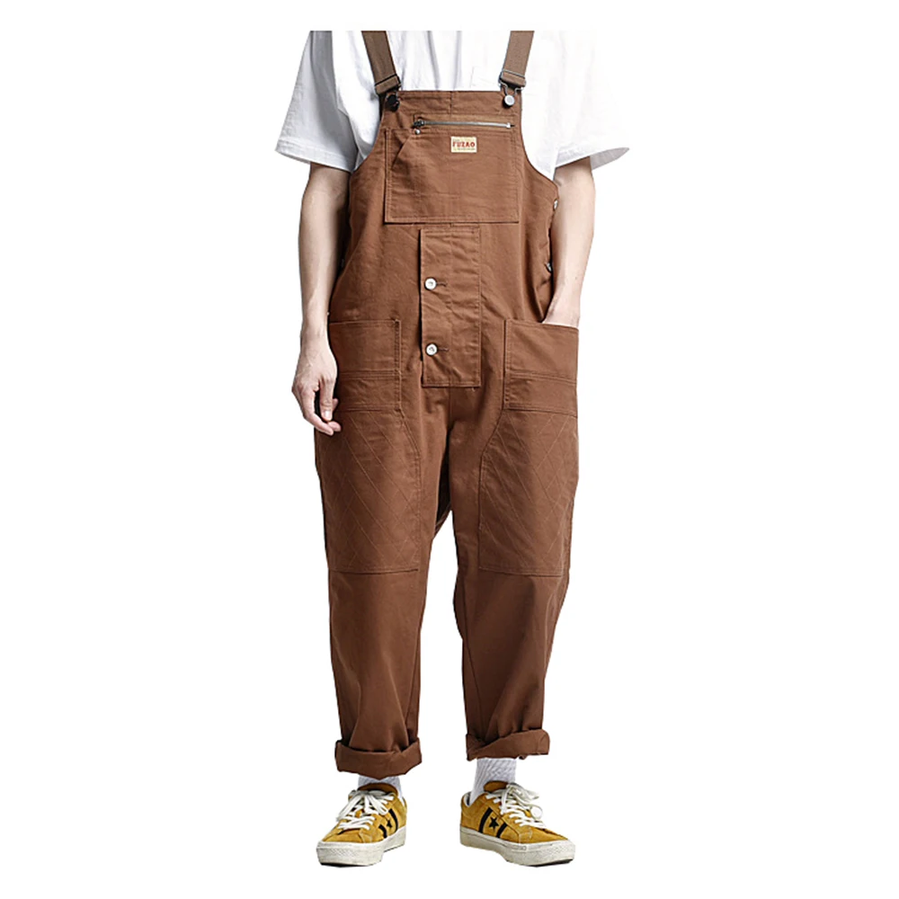 Men\'s Loose Multi Pockets Cargo Bib Overalls Working Clothing Jumpsuits Jeans Pants Black Green Brown