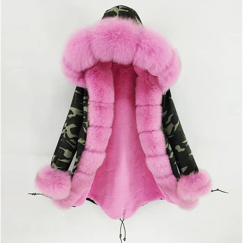 Jaqueta Real Fox Fur com capuz, Parka de luxo, Casaco grosso, Quente, Forro de pele artificial Rex, Moda, Inverno