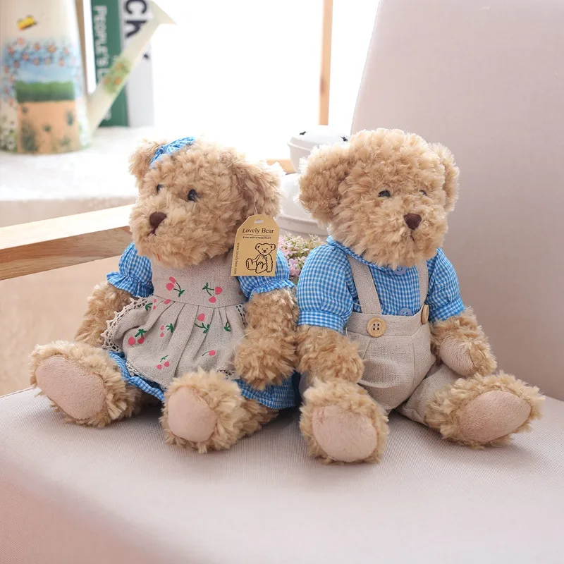 A pair 26cm Cute Couple Teddy Bear With Cloth Plush Toys Stuffed Dolls Toy Kids Baby Girls Children Girl Birthday Christmas Gift