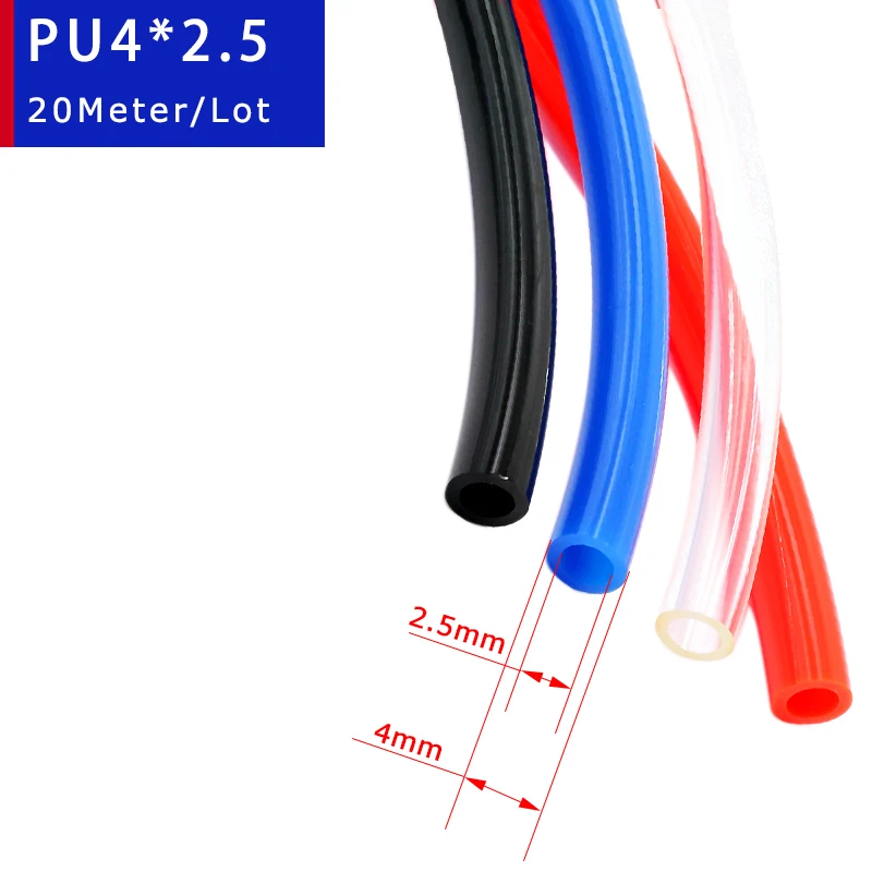 High Quality 20 Meter PU4*2.5 pneumatic hose Red Black Blue Transparent  Compressor Hoses ID 2.5mm OD 4mm Air Hose For Compresso