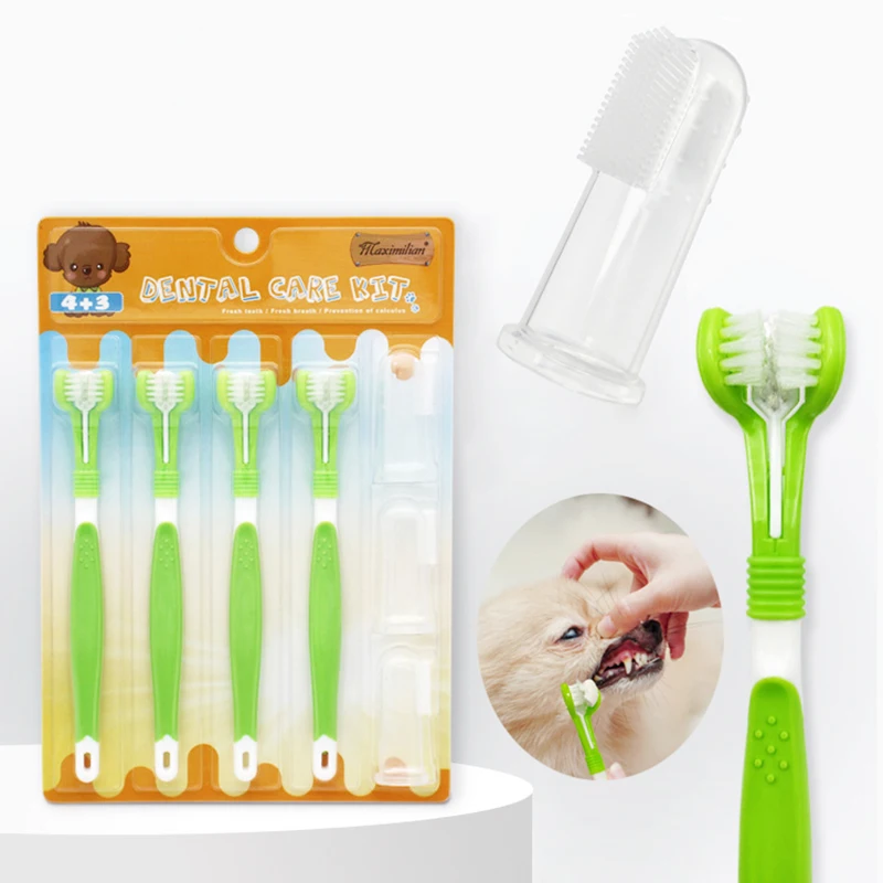 Pet Toothbrush Kit Dental Care Three Heads Dog Toothbrush Finger Toothbrush Teeth Care Dog Cat Cleaning Mouth Dog Toothbrush Kit