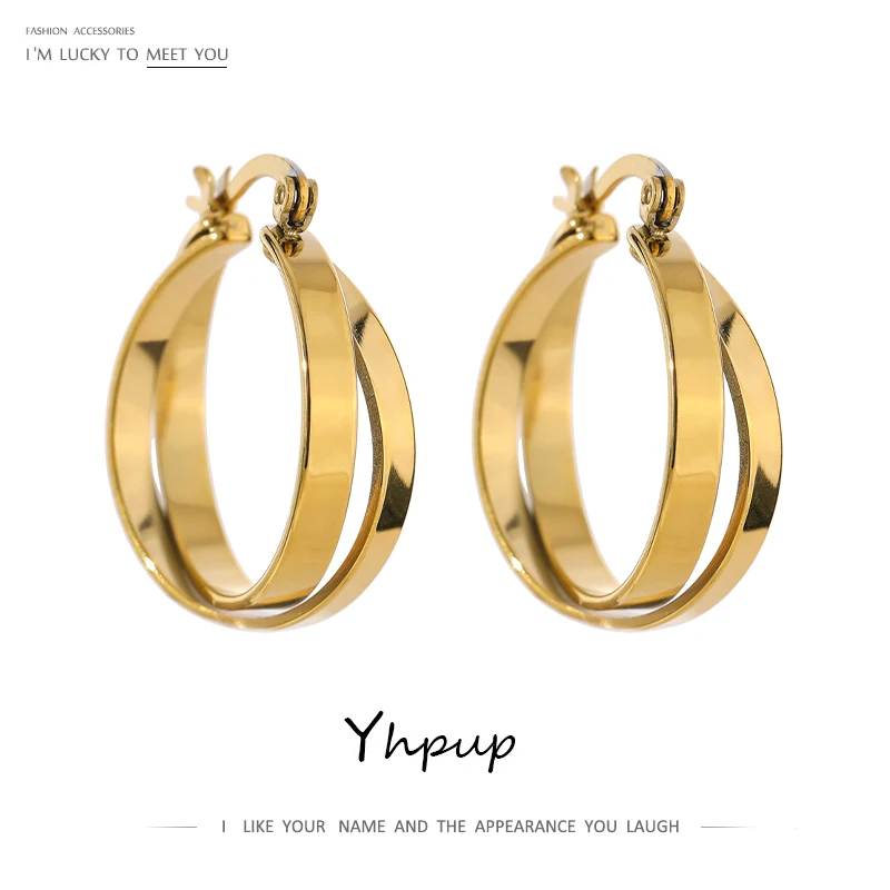 Yhpup Charm Metal Layered Round Hollow Hoop Earring for Women Stainless Steel Gold Color 18 K Plated Trendy Earrings Party Gift