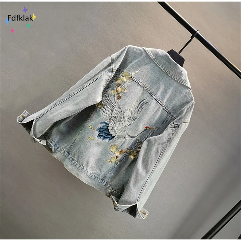 Fdfklak Spring Autumn New Crane Embroidery Distressed Loose Denim Jacket Trendy Hong Kong Style Long Sleeve Blouse Women Gift