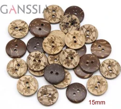 50pcs/lot Size:12.5mm-15mm Round Natural Coconut Buttons 2 Holes Flower Design Button Accssories Sewing Button (ss-903)