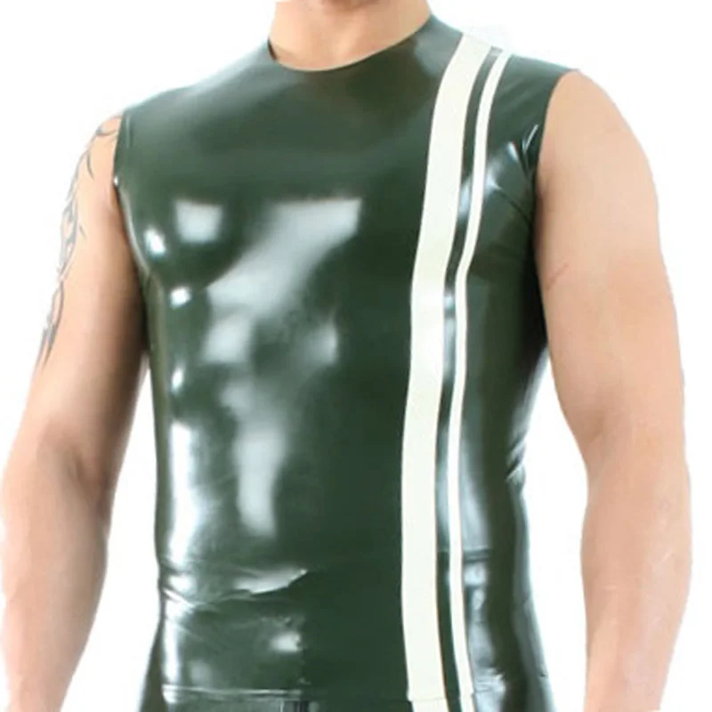 

Army Green And White Trims At Front Sexy Sleeveless Latex Tee Shirt Rubber Tank T Top Summer For Men YF-0271