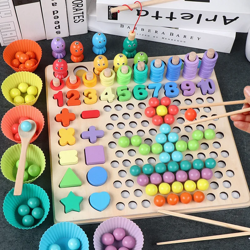 Juguetes de madera Montessori para entrenamiento del cerebro, rompecabezas de cuentas, juego de matemáticas, tablero de peces, juguetes educativos para bebés