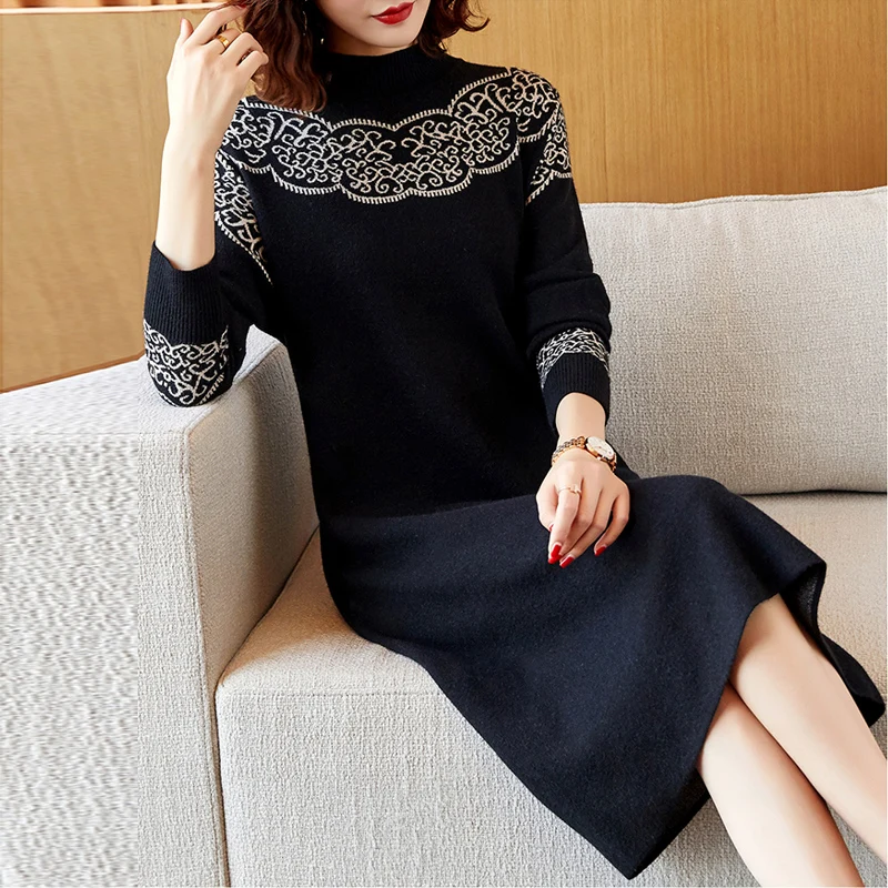 Autumn Winter Print Knitted Cotton Midi Sweater Dresses Women Korean Vintage Casual Pullovers 2024 Elegant Bodycon Coat Sweaters