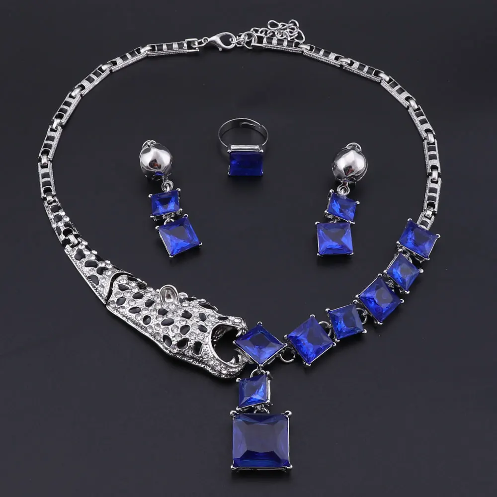 Luxury Gold Color Blue Crystal Leopard Statement Necklace Earring Ring For Women Party Wedding Jewelry Sets