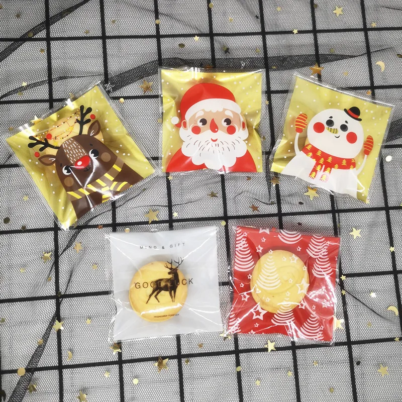 100pcs Christmas Plastic Bag Wedding Birthday Party Favors Cookie Candy Gift Packaging Bags Santa Claus Self Adhesive Pouch Bags