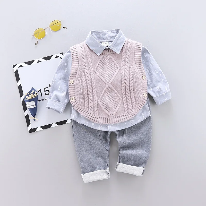 Autum Children Clothing Sets Gentleman Outfits Baby Boys Sweater Vest + Shirt + Pants 3Pcs Suit Winter Kids Clothes 0-4 Years