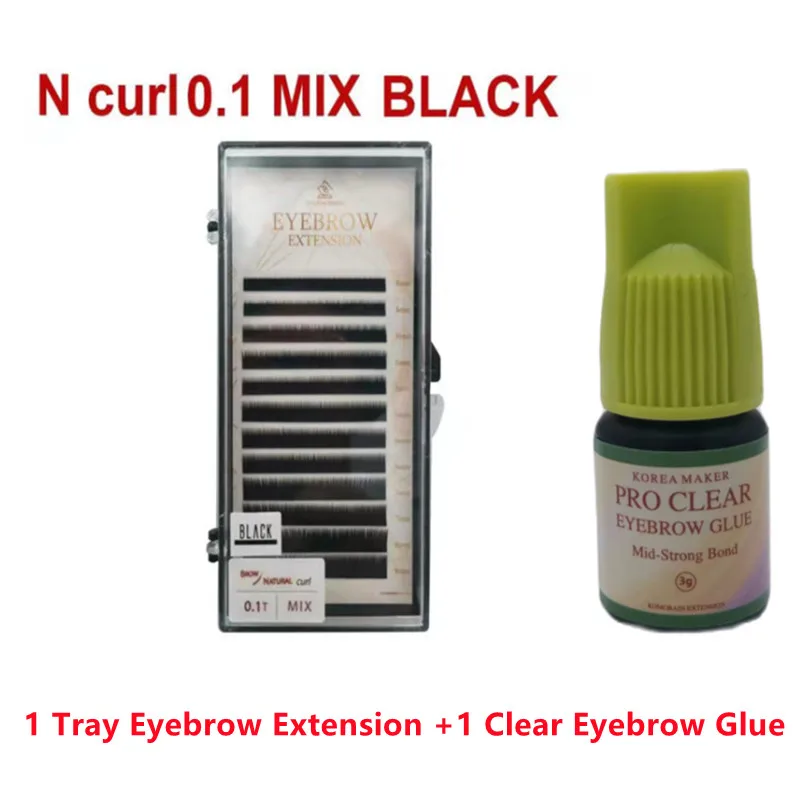 1Set Eyebrow Extensions & Eyebrow Clear Glue3g Korean Original With Mixed Lengths Black/Dark Brown 4-8mm On Tray Last 4 -5Weeks