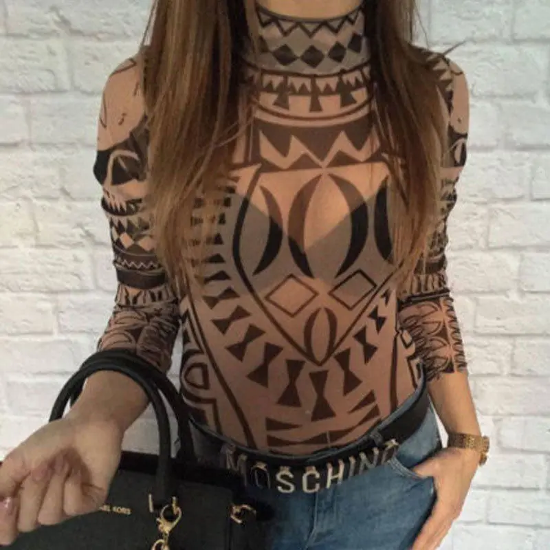 2020 New Sexy Women Tattoo Tribal Print Stretchy Bodysuit See-Through Mesh Sheer Long Sleeve Top Lady Clubwear O Neck Bodycon