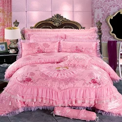 Red Pink Luxury Lace Wedding Bedding Set King Queen Size Princess Bed Set Jacquard Embroidery Duvet Cover Bedspread Bed Sheet