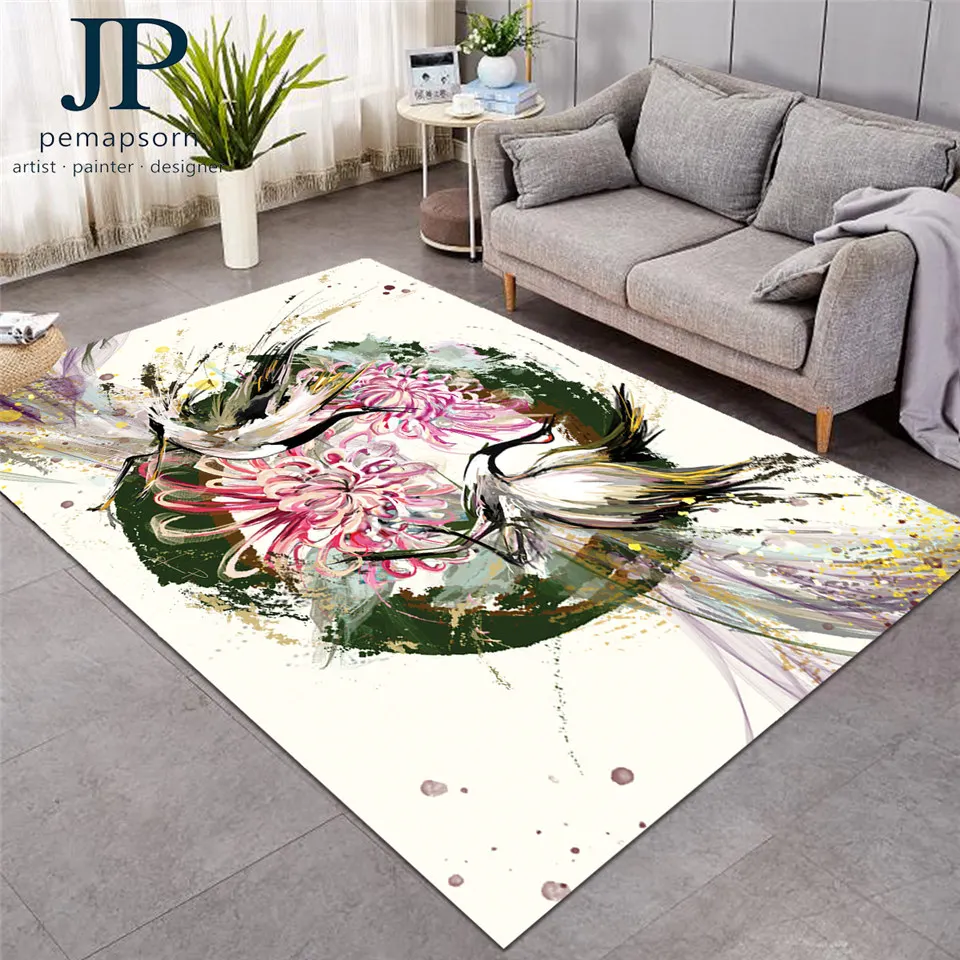 Bird by Jp.pemapsorn Large Carpet for Living Room Crane Floor Mat Watercolor Art Floral Area Rug Chrysanthemum Flower Center Rug