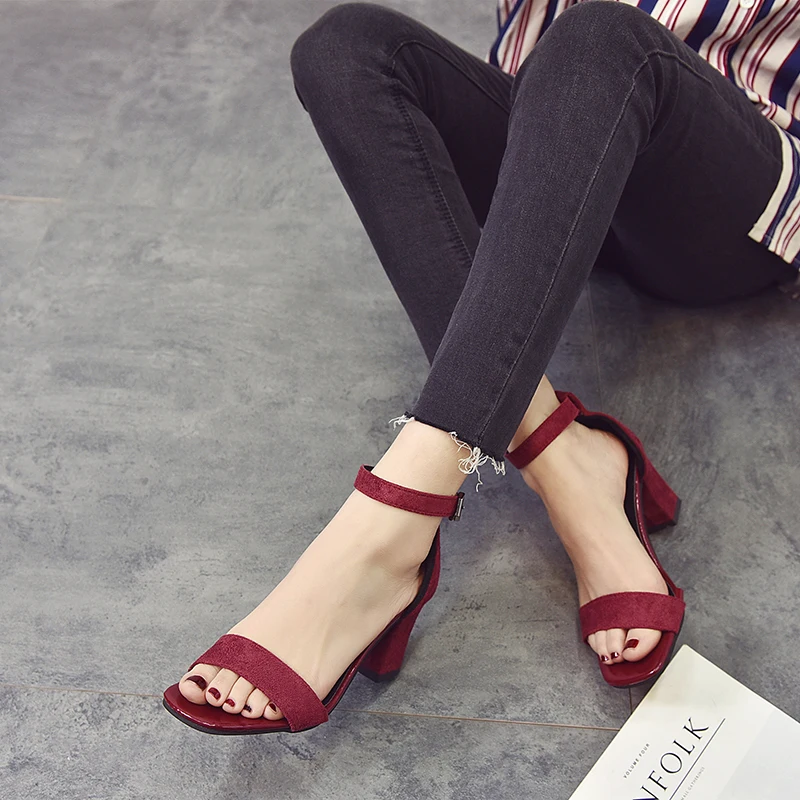 Black Gladiator Sandals Summer Office High Heels Shoes Woman Buckle Strap Square heel Pumps Casual Women Shoes Plus Size 34-40