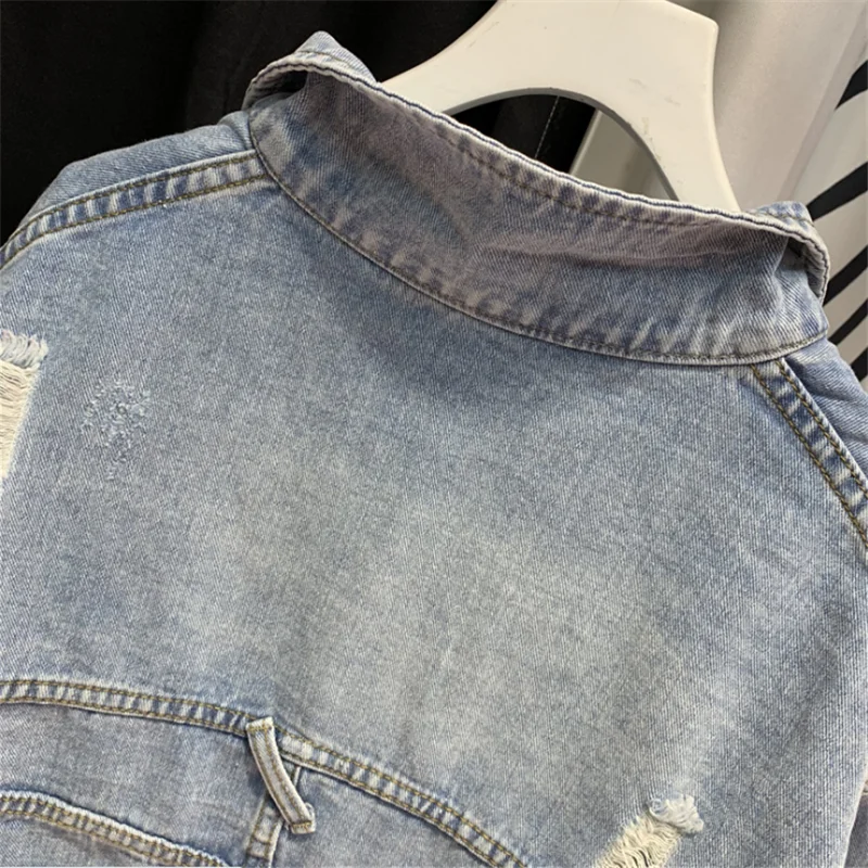 Denim Jacket Female Short Section Slim 2023 New Thin Student Long-sleeved Spring and Autumn Denim Jacket Jacket Hole Size