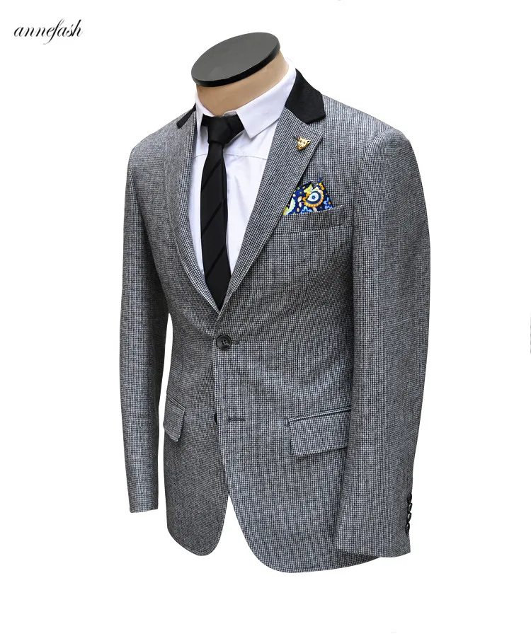 black and white houndstooth pattern woolen tweed men casual suit blazer and pants