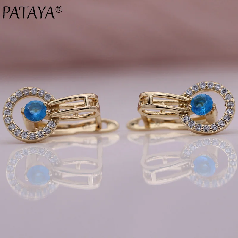 PATAYA New Sea Blue Round Natural Zircon Dangle Earrings Women Hollow Unique Earring 585 Rose Gold Color Fine Fashion Jewelry