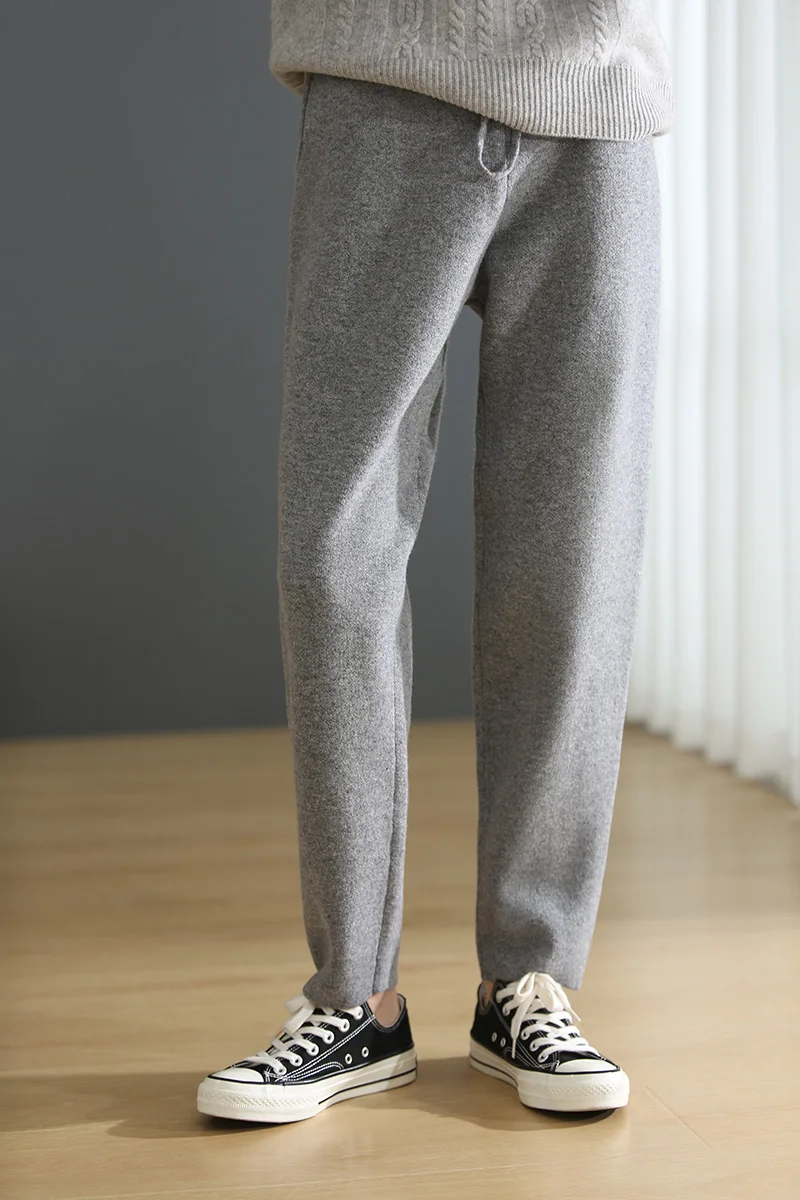 2021 Women\'s Autumn Winter Trendy Warm Trousers Female 100% Wool Elastic Casual Pants Women Grey Color Fashion Pencil Pants