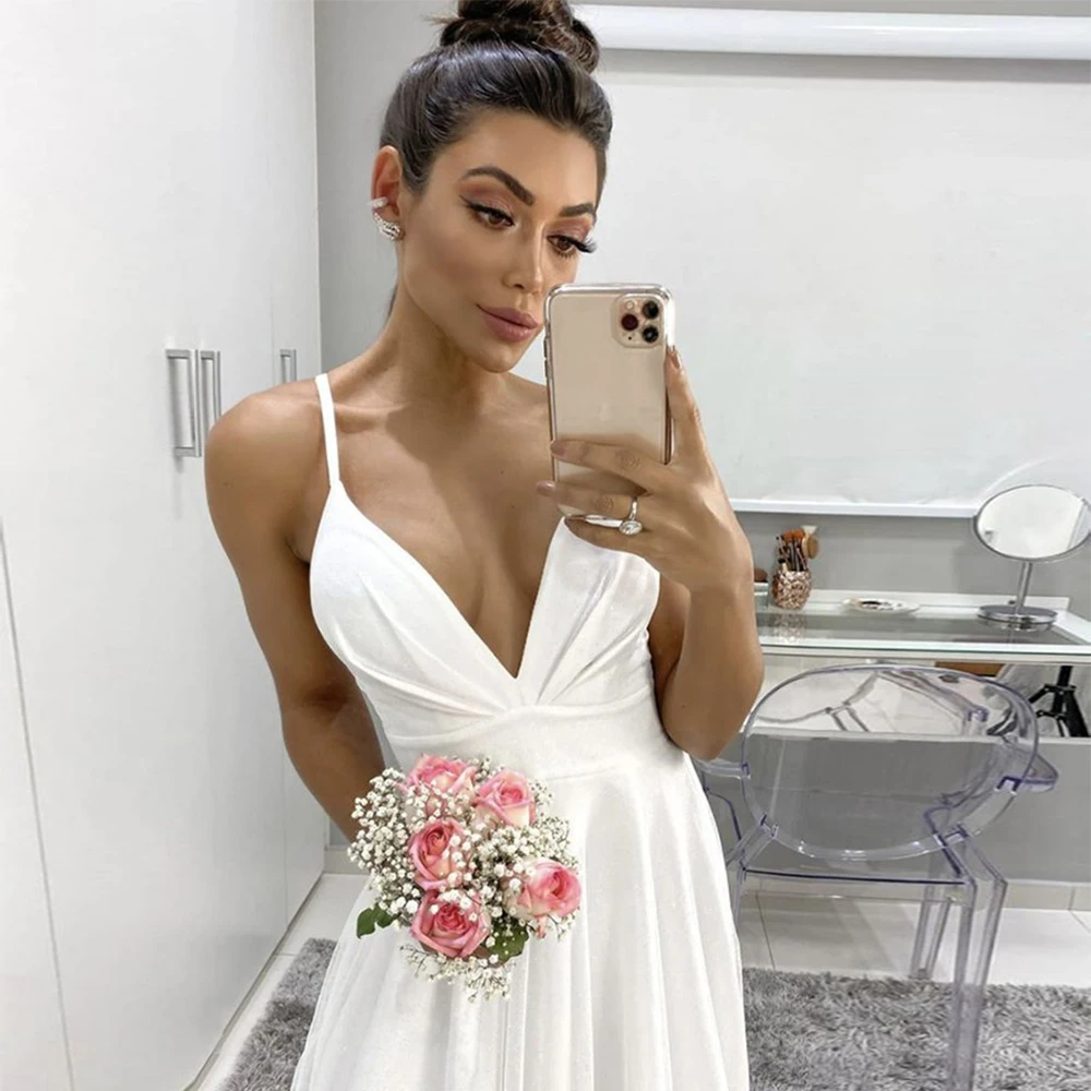 Sexy branco espaguete correias vestido de casamento 2022 bohemia v-neck varredura trem a linha vestidos de noiva com pregas de novia