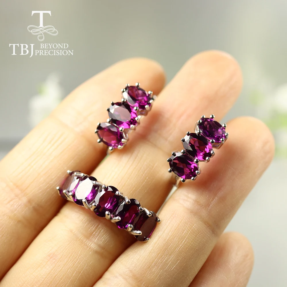 925 sterling silver 9ct Natural Rhodolite garnet jewelry set brazil rhodolite top quality oval 5*7mm gemstone clasp earring ring