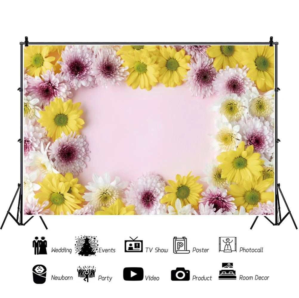 Laeacco Yellow Small Daisy Flower Pink Background per fotografia Banner personalizzato Photocall Toy Photo Background per photstudio
