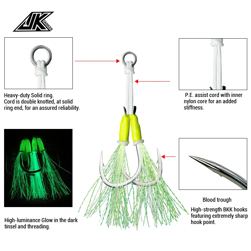 JK Slow Jigging Hook Metal Jig Assist Hook With Antirust Coating Saltwater Fishing Double Hooks