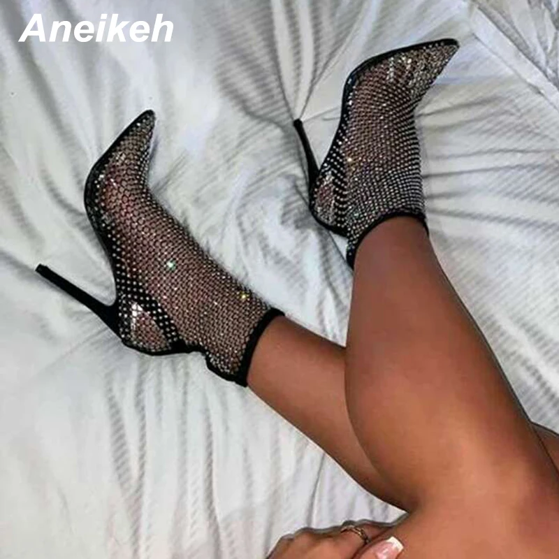 Aneikeh Summer Bling Bling strass Mesh punta a punta sandali stivaletti tacchi a spillo scarpe da donna in maglia di cristallo sandali