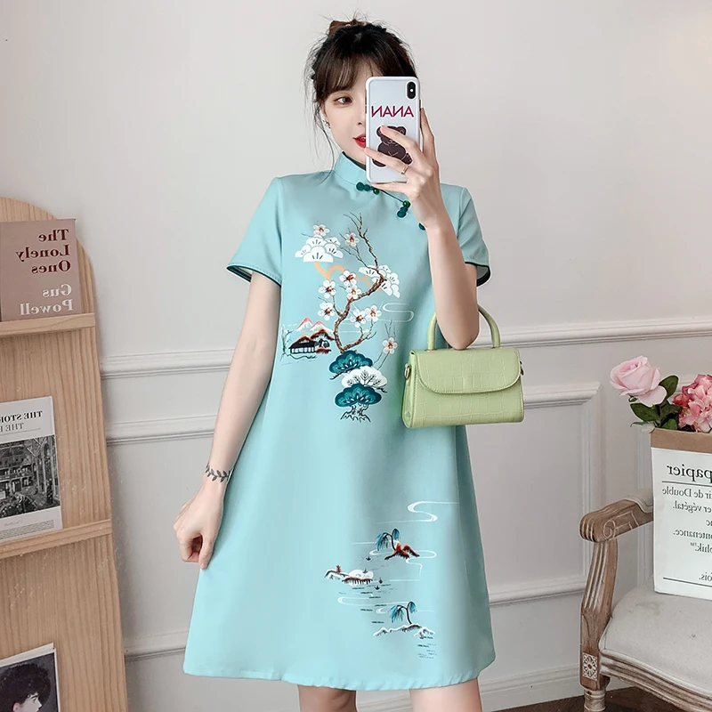 Plus Size M-4XL 2021 New Blue Loose Fashion Modern Cheongsam Dress Women Short Sleeve Qipao Traditional Chinese Style Clothes