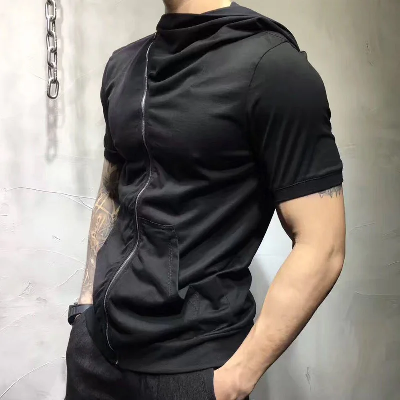 New Summer Men Short Sleeve T-shirt Casual Punk Zipper Hooded Tops Male Street Black Hip Hop Streetwear T-shirts Plus Size