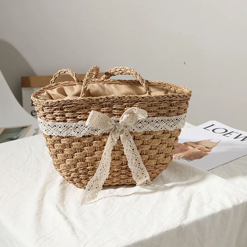 

Straw Female 2024 New Lace Bow Woven Bag Fairy One-shoulder Portable Beach Bag Women Bag