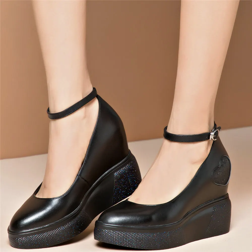 2023 Platform Mary Janes Shoes Women Genuine Leather Chunky High Heels Pumps Female Round Toe Wedges Oxfords Shoes Casual Shoes