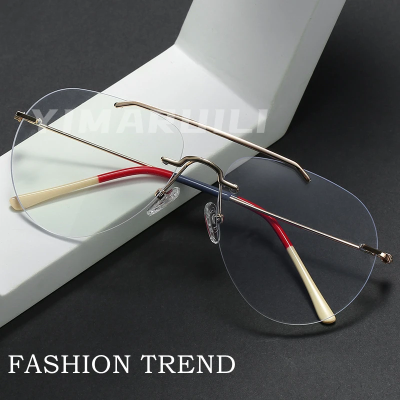 YIMARUILI Fashion Ultralight Pilot Men\'s Rimless Glasses Retro Trend Big Size Optical Prescription Eyeglasses Frame Women 1870
