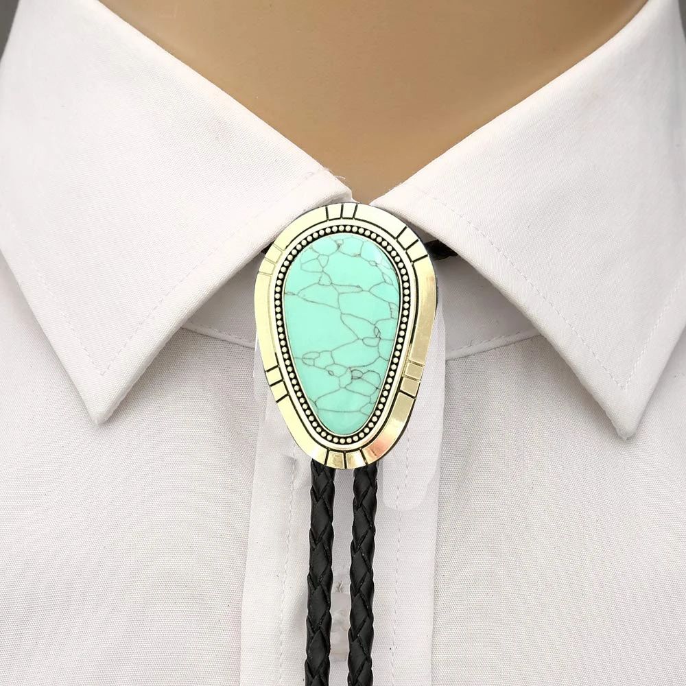 

Fashion water drope shape tuquoise bolo tie for man cowboy western cowgir l leather rope zinc alloy necktie