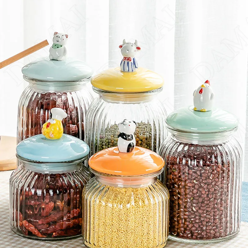 

Glass Storage Jars with Lid Animal Decorative Cereal Dispenser Kitchen Suger Jar Desktop Snacks Organizer Home Decoration Modern