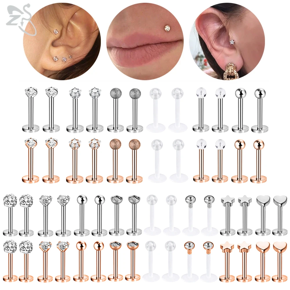 

ZS 12-16pcs/lot Stainless Steel Labret Lip Monroe Piercing Set 16g Star Ball CZ Crystal Ear Tragus Helix Conch Piercings Jewelry