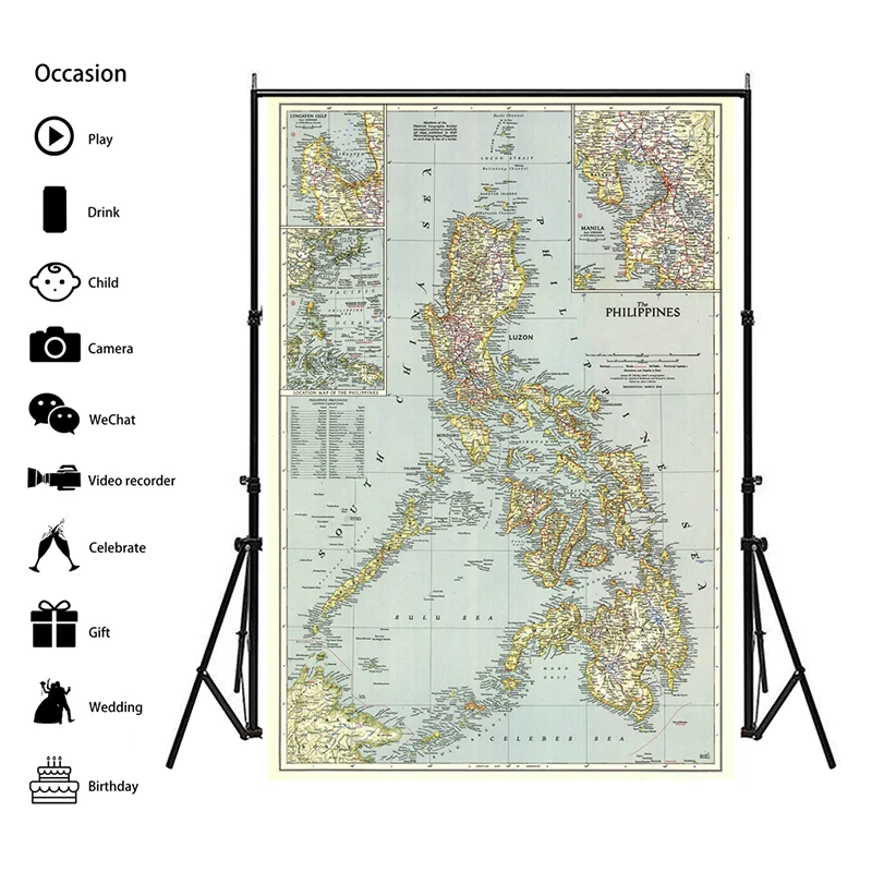 Mapa mundi de decoração caseira a2 filipinas (1945), cartaz antigo, retrô, papel fosco, mapa de papel kraft, sem moldura