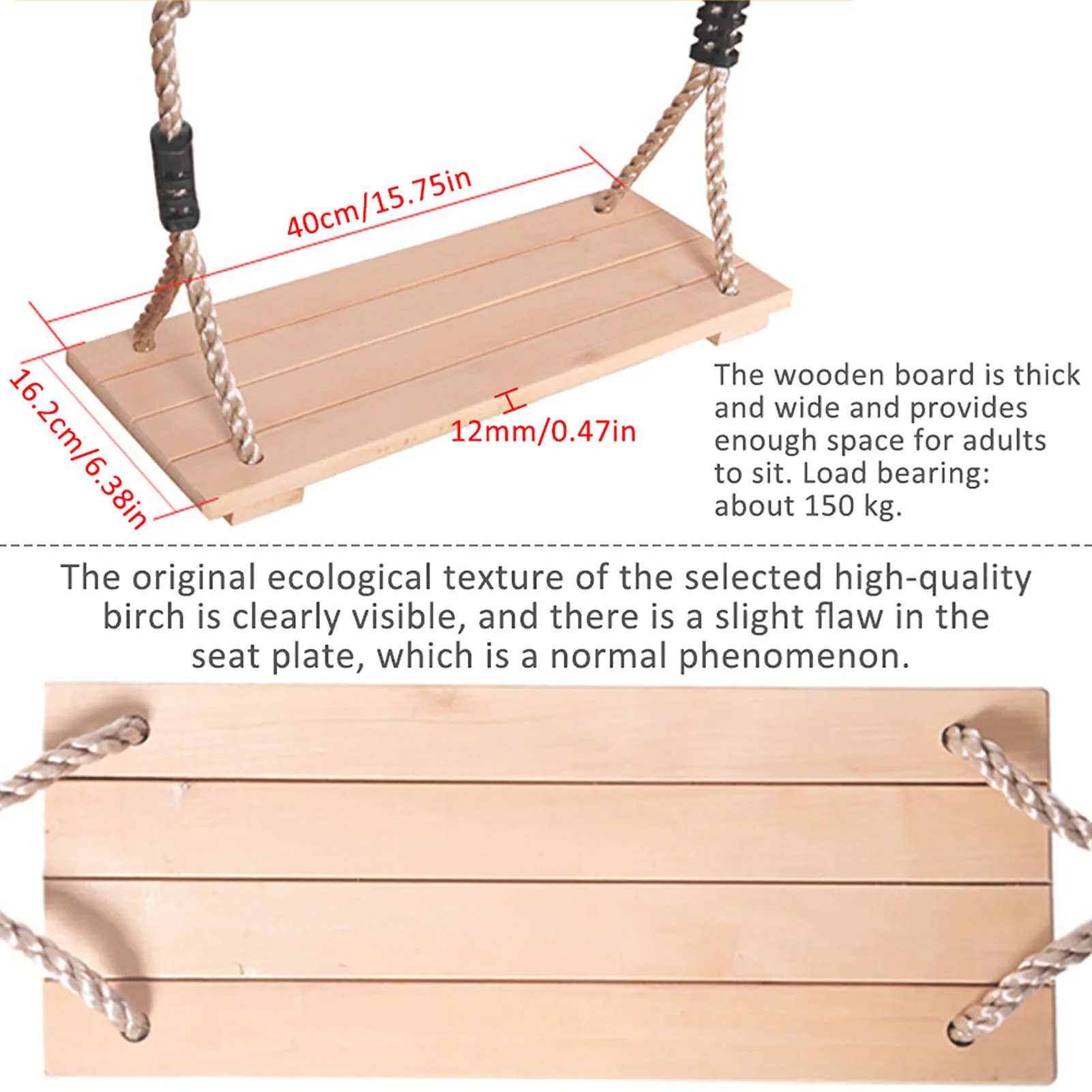 150KG Adjustable Rope Wooden Flat Swing Seat Garden & Patio Hanging Swinget Children Summer Outdoor Sports Game Toy